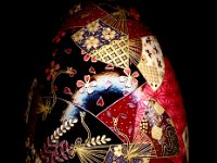 Kimono Fans Chiyogami Ukrainian Style Easter Egg Pysanky by So Jeo : Pysanky Pysanka Ukrainian Easter egg batik ukrainian easter art batik  eggshell kimono chiyogami washi origami fans cranes birds blooms gold leaf sojeo leblond artist